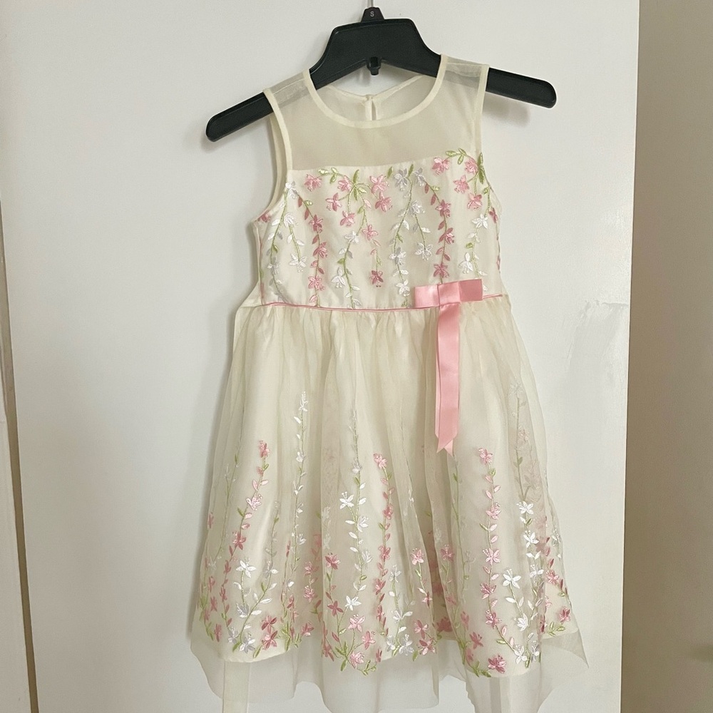 Floral Embroidered Girls Dress - Cream/green and Pink size 5T.